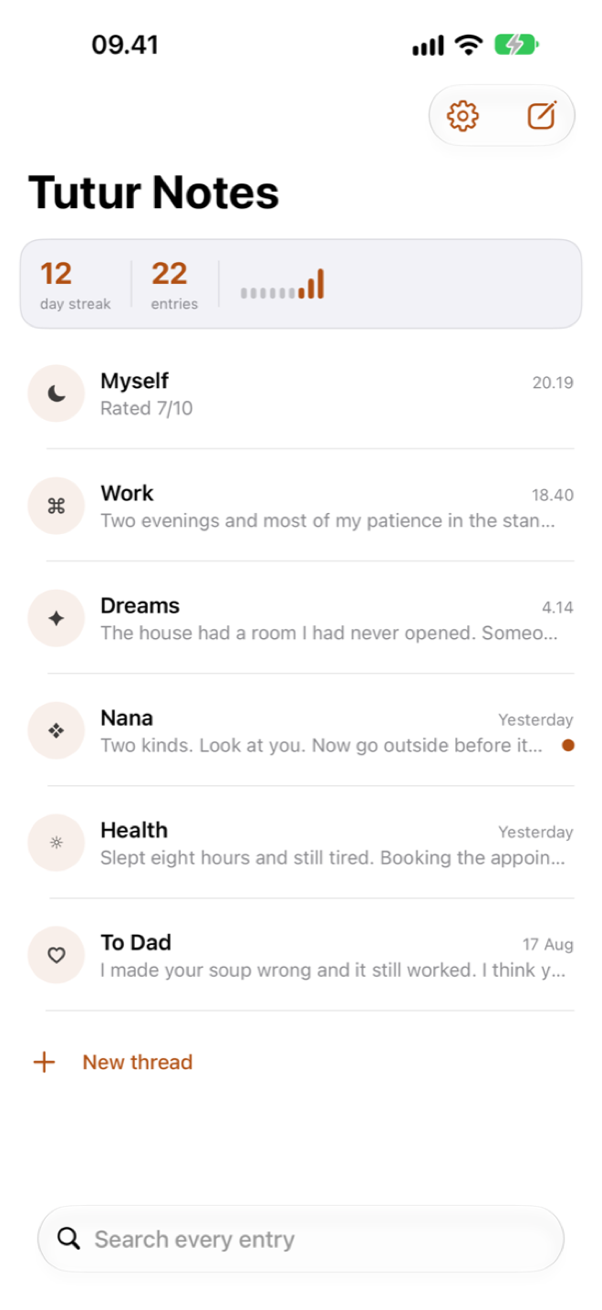 The thread list, showing a twelve day streak and threads named Myself, Work, Dreams, Nana, Health and To Dad.