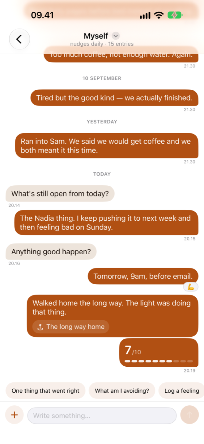 A Tutur Notes thread called Myself, with entries written as chat bubbles, a mood and a rating for the day.