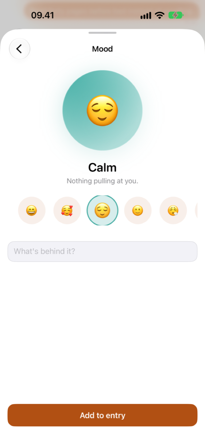 The mood picker, offering great, calm, okay, tired, anxious, sad, angry and grateful.