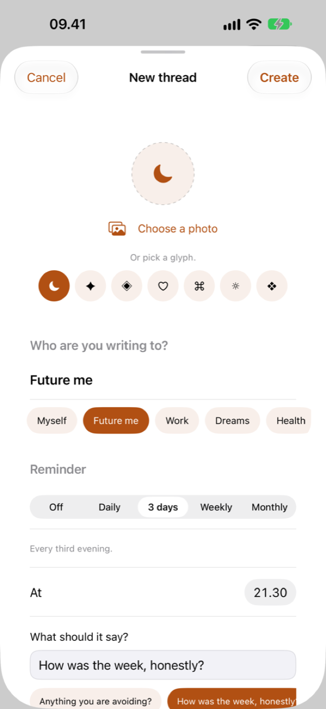 Creating a new thread, choosing a name, an icon and a reminder cadence.